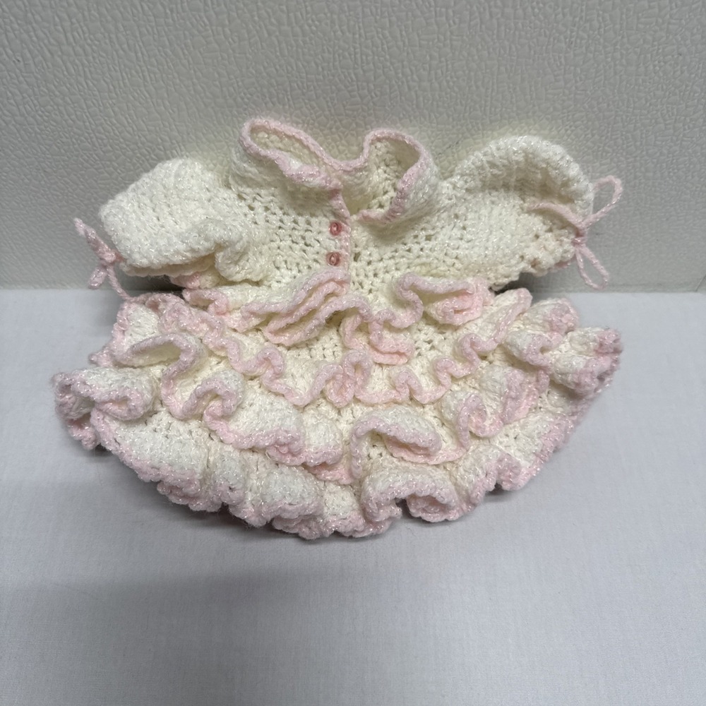 Handmade Crocheted Dress for small doll Pink and White Ruffled buttons